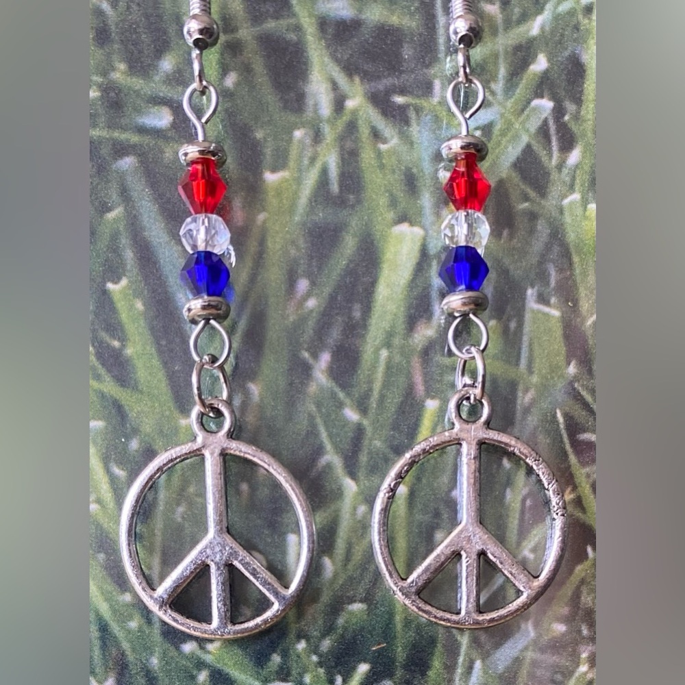 Antique Silver Patriotic Peace Sign Earrings with Red, Clear and Blue Crystals